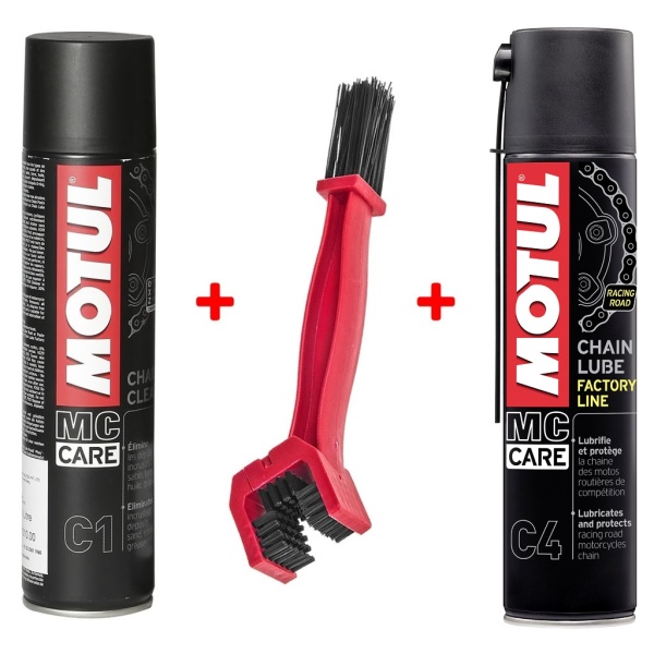 Set Motul Spray Curatat Lant Chain Clean C1 400ML 102980 + Motul Spray Ungere Lant Moto Chain Lube Factory Line C4 400ML 102983 + K2 Perie Curatat Lant W612